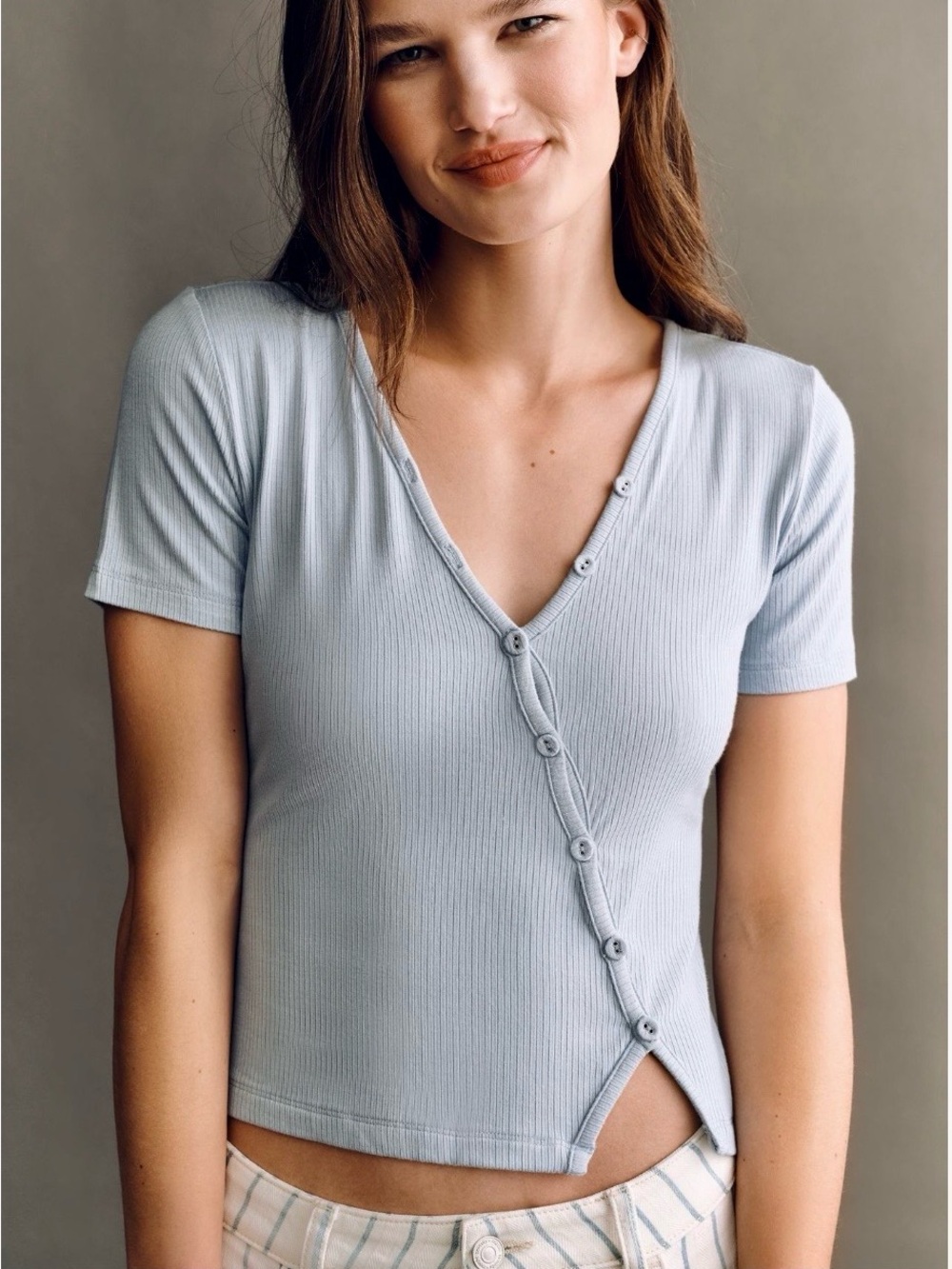 Anthropologie Pale Blue Ribbed Asymmetrical Button-Front Crop Top